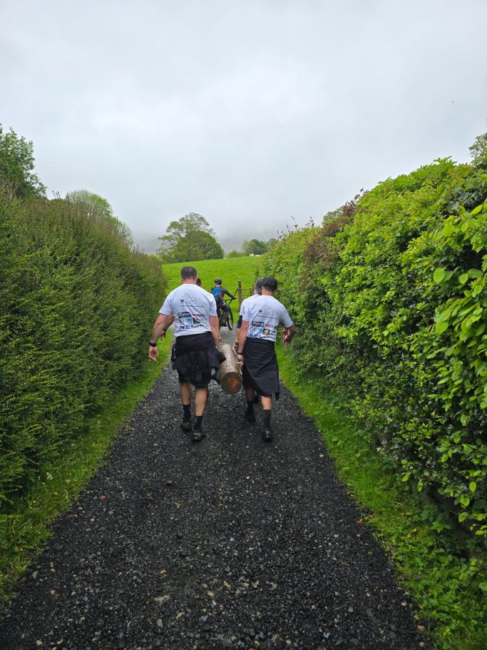 Two people walking down a gravel path, guiding a pig, flanked by green hedges.