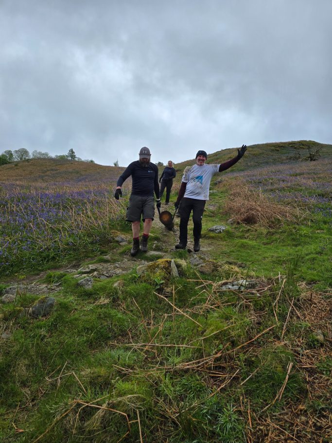 Two people walking through a field of purple flowers, one waving.